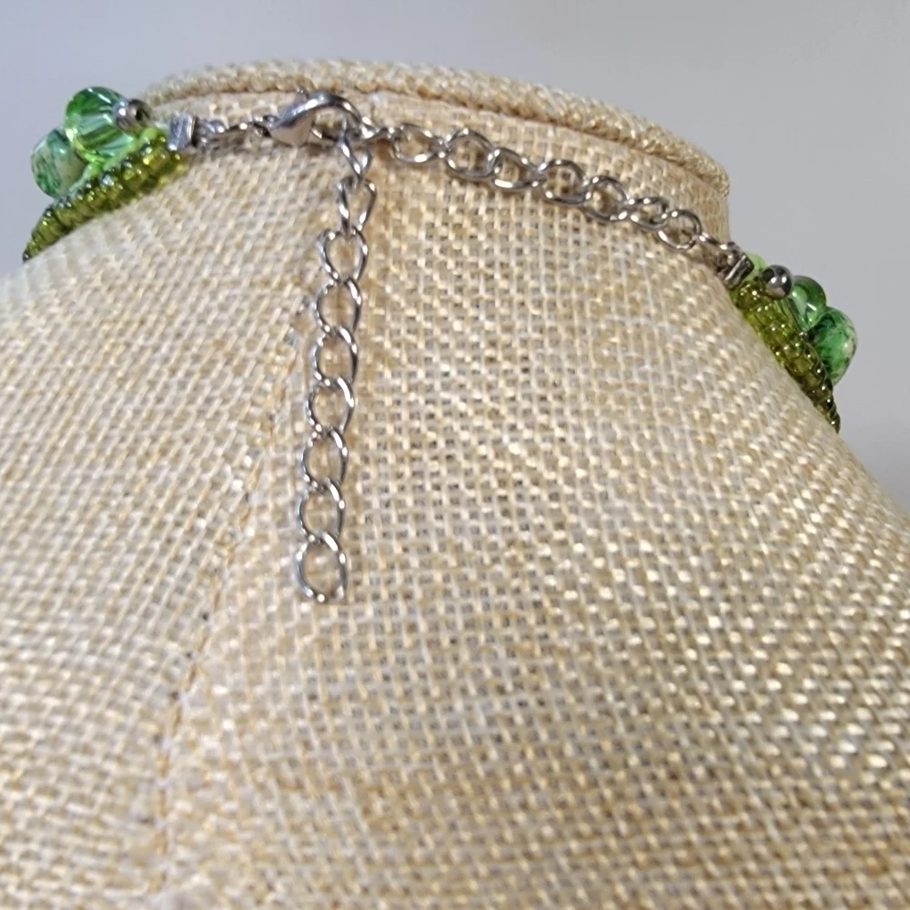 Triple strand Green Stone and Bead Statement Necklace With Tassel